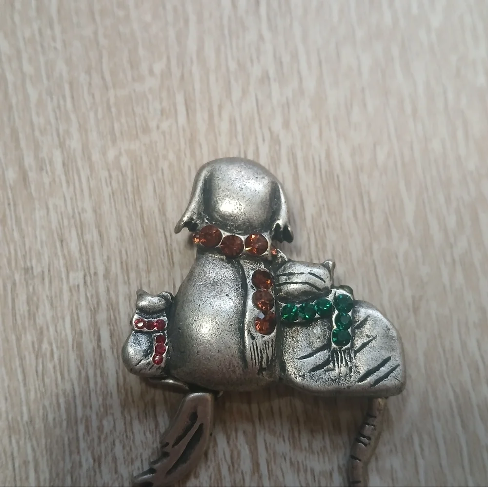 Vintage Brooch Crafted Pin Cat and Puppy Tail Friends Rhinestones Classic Pewter